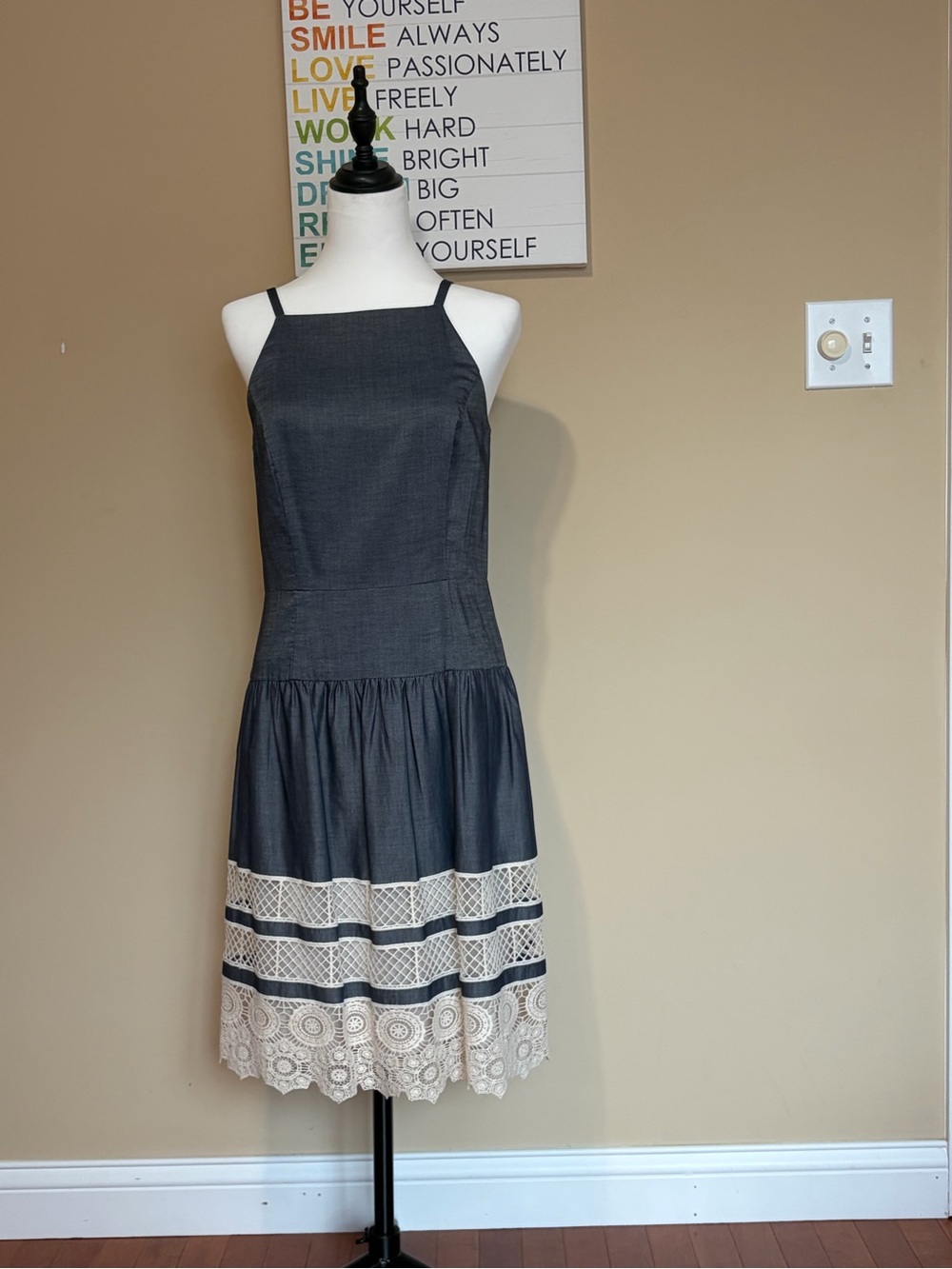 Ann Taylor Grey Midi Dress with Cream Lace Hem